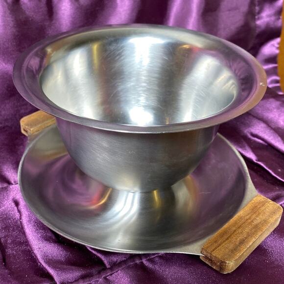 Vintage JAPAN Stainless Steel Gravy Sauce Dip Serving Bowl Wooden Altar Witchy - Picture 4 of 13